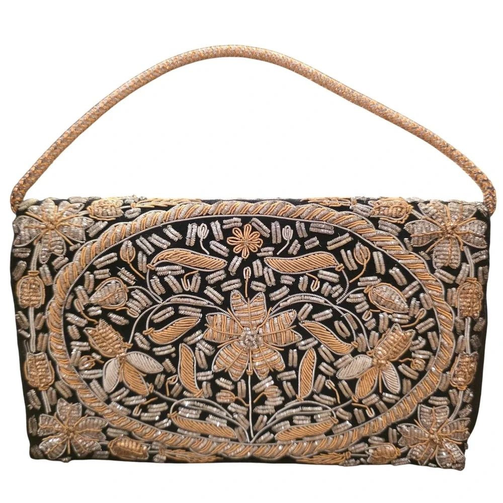 Vintage Embroidered Evening Bag Black Gold‎ Floral India Handmade Art Deco Glam